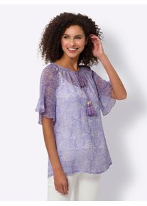 Heine Damen Kurzarmbluse, lila, Gr. 50, gemustert, bedruckt, mehrfarbig, 100% Polyester, Blusen