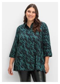 sheego Damen Longbluse "Große Größen", schwarz, feminin, Gr. 52, gemustert, Obermaterial: 100% Lyocell (TENCEL), Blusen, in schwingender A-Linie