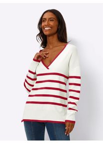Heine Damen V-Ausschnitt-Pullover "Pullover", rot, Gr. 50, gemustert, gestreift, 70% Viskose, 30% Polyamid, Pullover