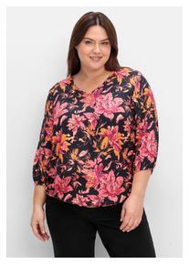 sheego Damen Tunika "Große Größen", schwarz, feminin, Gr. 44, gemustert, Obermaterial: 100% Viskose, Tuniken, mit Blumendruck und Saum-Gummibund