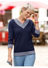 Classic Basics Damen 3/4 Arm-Pullover "V-Pullover", blau, Gr. 56, gemustert, gestreift, 100% Polyacryl, Pullover