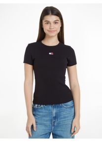Tommy Jeans Damen T-Shirt "TJW SLIM BADGE RIB TEE", schwarz, casual, Gr. XS, unifarben, Rippware, Obermaterial: 95% Baumwolle, 5% Elasthan, Shirts,