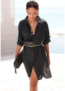 Lascana Damen Longbluse, schwarz, casual, Gr. 36, unifarben, Web, Obermaterial: 58% Viskose, 28% Baumwolle, 14% Leinen, Blusen, aus leichter Webware