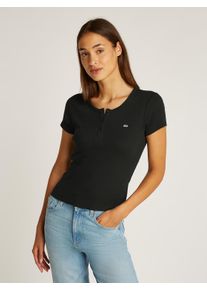 Tommy Jeans Damen T-Shirt "TJW SLIM BUTTON RIB C-NECK SS", schwarz, casual, Gr. M, unifarben, Rippware, Obermaterial: 100% Baumwolle, Shirts, mit