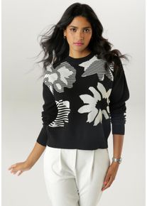 Damen Strickpullover, schwarz-weiß, feminin, Gr. 46, Aniston SELECTED, Jacquardmuster, geblümt, Feinstrick, Obermaterial: 100% Baumwolle, Pullover,