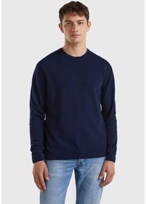 Herren Rundhalspullover, blau, casual, Gr. S, United Colors Of Benetton, unifarben, Strick, Obermaterial: 100% Schurwolle, Pullover, im cleanen Look
