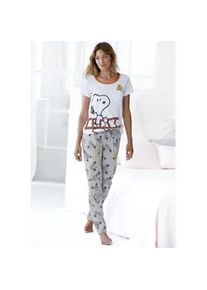 Pyjama PEANUTS, Damen, Gr. 52/54, grau (wei&szlig;, grau), Single Jersey, Obermaterial: 100% Baumwolle, animal-print, bedruckt, Basic, bequem lang, Rundhals, eingesetzt, Homewear-Sets Pyjama, mit Snoopy und Woodstock Druck, Topseller