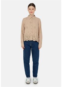 FRESHLIONS Damen Klassische Bluse "Kate", braun, elegant, Gr. M, unifarben, 100% Baumwolle, Blusen, mit luftigem Lochmuster