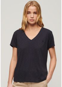 Superdry Damen V-Shirt "STUDIOS SLUB EMB VEE TEE", blau, casual, Gr. XXL, unifarben, Single Jersey, Obermaterial: 60% Baumwolle, 40% Lyocell, Shirts,