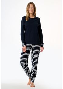 Schiesser Damen Schlafanzug "Casual Essentials", Gr. 46, blau, Single Jersey, Obermaterial: 100% Baumwolle, unifarben, gestreift, casual,