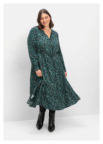sheego Damen Blusenkleid "Große Größen", grün, feminin, Gr. 46, gemustert, Obermaterial: 100% Viskose, Kleider, mit Knöpfen und Taillen-Tunnelzug