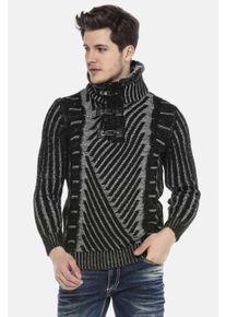 Cipo & Baxx CIPO & BAXX Herren Strickpullover "Pullover", schwarz, Basic, Gr. S, gestreift, 100% Polyacryl, Pullover, mit Schnallenkragen, CP212