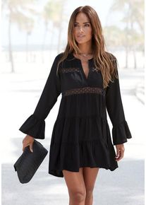 Lascana Longbluse schwarz Gr. 32/34 für Damen. V-Ausschnitt und Spitzenbänder. Figurumspielend