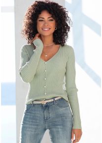 Lascana Damen V-Ausschnitt-Pullover, grün, modisch, Gr. 32, unifarben, Rippstrick, Obermaterial: 70% Viskose, 30% Polyamid, Pullover, mit Zierperlen,