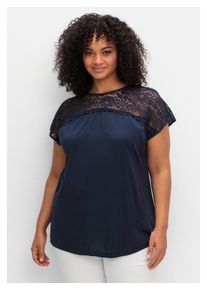 sheego Damen Spitzenshirt "Große Größen", blau, feminin, Gr. 40, unifarben, Obermaterial: 100% Viskose;Spitze: 82% Polyamid, 18% Elasthan, Shirts,