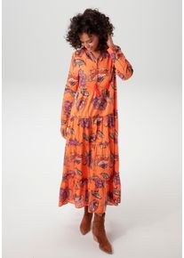 Aniston CASUAL Damen Maxikleid, orange, Gr. 48, bedruckt, Strukturmuster, geblümt, Web, Obermaterial: 100% Baumwolle, Kleider, mit großflächigem