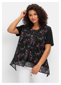 sheego Damen Blusenshirt "Große Größen", schwarz, feminin, Gr. 42, gemustert, Obermaterial: 95% Viskose, 5% Elasthan;Webteil: 100% Polyester, Shirts,