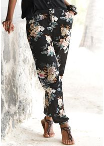 Lascana Damen Strandhose, schwarz, casual, Gr. 36, Jersey, Obermaterial: 100% Viskose, Hosen, mit Blumendruck und Taschen, Jerseyhose, Sommerhose