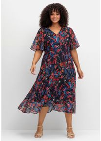 Große Größen Chiffonkleid mit Blumendruck und Volant am Saum Gr. 58 blau geblümt von sheego für Damen