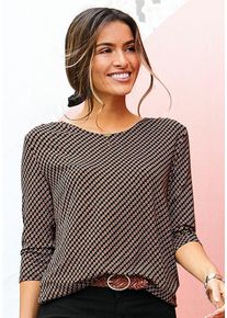 Vivance Rundhalsshirt 'mit goldfarbenem Zierknopf am Ausschnitt' schwarz Gr. 32/34 für Damen. Rundhals und Zierknopf, Allover-Druck. Figurumspielend. Nachhaltig.