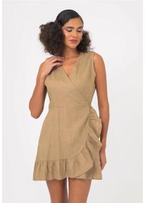 FRESHLIONS Damen Jerseykleid "Mailinda", braun, feminin, Gr. L, unifarben, 100% Leinen, Kleider, im eleganten Wickel-Design