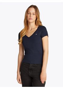 Tommy Jeans Damen T-Shirt "TJW SLIM V-NECK TEE", blau, Basic, Gr. XS, unifarben, Single Jersey, Obermaterial: 100% Baumwolle, Shirts, mit