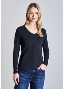Street One Damen Langarmshirt, blau, casual, Gr. 40, unifarben, Web, 100% Baumwolle, Shirts, mit abgerundetem V-Ausschnitt