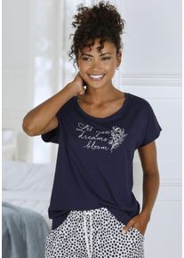 Vivance Dreams Damen Pyjamaoberteil, Gr. 36, blau, Single Jersey, Obermaterial: 50% Baumwolle, 50% Viskose, bedruckt, Basic, Shirts, mit Frontdruck