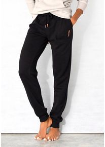 BENCH. LOUNGEWEAR Loungehose schwarz Gr. 32/34 für Damen. Mit Logoschriftzug, Logodruck. Basic. Nachhaltig.
