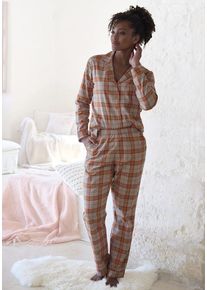 Vivance Dreams Pyjama orange Gr. 32 für Damen. V-Ausschnitt und Allover-Druck. Klassisch. Nachhaltig.