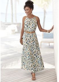 Lascana Maxikleid beige Gr. 34 für Damen. Amerikanischer Ausschnitt und Allover-Druck. Figurumspielend. Nachhaltig.