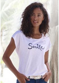 Beach Time BEACHTIME T-Shirt 'mit Frontdruck "Smile"' weiß Gr. 32/34 für Damen. Rundhals und Print. Bequem. Nachhaltig.