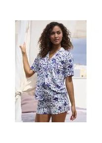 Shorty s.Oliver, Damen, Gr. 40/42, blau (blau, mint, gebl&uuml;mt), Single Jersey, Obermaterial: 50% Baumwolle, 50% Viskose, klassisch kurz, tiefer V-Ausschnitt, eingesetzt abgesteppte Kante, Homewear-Sets Shorty, mit Knopfleiste und Brusttasche