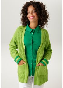 Aniston CASUAL Damen Strickjacke, grün, modisch, Gr. 44, unifarben mit Farbeinsatz, Strick, Obermaterial: 50% Baumwolle, 50% Polyacryl, Strickjacken,
