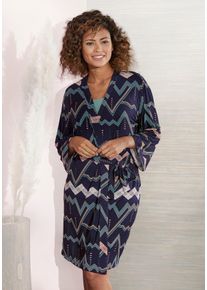 Lascana Damen Kimono, Gr. 32, blau, Viskose, gemustert, Hausmäntel, mit grafischem Zick-Zack Muster