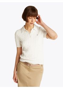 Tommy Hilfiger Damen Polokragenpullover "CO CABLE MID GG SS POLO SWT", weiß, casual, Gr. L, meliert, Strick, Obermaterial: 100% Baumwolle, Pullover,