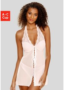 Lascana Damen Negligé, Gr. 70, beige, Spitze, Netz, Obermaterial: 77% Polyamid, 17% Polyester, 6% Elasthan, feminin, Kleider, mit Vorderverschluss,