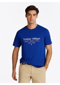 Tommy Hilfiger Herren T-Shirt "HILFIGER CENTER STACK TEE", blau, casual, Gr. L, Single Jersey, Obermaterial: 100% Baumwolle, Shirts, mit großem