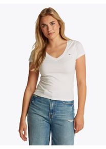 Tommy Jeans Damen T-Shirt "TJW SLIM V-NECK TEE", beige, Basic, Gr. L, unifarben, Single Jersey, Obermaterial: 100% Baumwolle, Shirts, mit