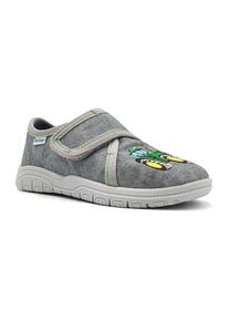 Richter Kinder Hausschuh "Mailo", Gr. 34, grau, Textil, bedruckt, casual, Schuhe, Klettschuh, Kindergarten Schuh mit Traktor-Motiv