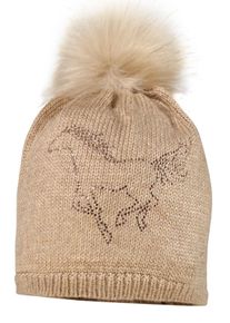 MaxiMo Baby Bommelmütze, beige, casual, Gr. 53, unifarben, Feinstrick, Materialmix, Mützen, mit Pferdemotiv und Fellimitat-PomPom