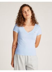 Tommy Jeans Damen T-Shirt "TJW SLIM V-NECK TEE", blau, Basic, Gr. XL, unifarben, Single Jersey, Obermaterial: 100% Baumwolle, Shirts, mit