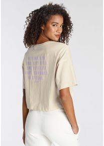 Lascana Damen Oversize-Shirt, Gr. 44, beige, Jersey, Obermaterial: 100% Baumwolle, unifarben, bedruckt, Basic, Shirts, mit Schriftzug auf dem Rücken