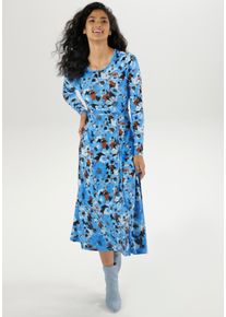 Damen Midikleid, blau, feminin, Gr. 38, Aniston SELECTED, bedruckt, geblümt, Single Jersey, Obermaterial: 95% Viskose, 5% Elasthan, Kleider, mit