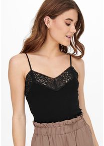 Only Damen Spaghettitop "ONLTILDE RIB LACE SINGLET", schwarz, feminin, Gr. XS, unifarben, Jersey, Obermaterial: 95% Viskose, 5% Elasthan, Tops, mit