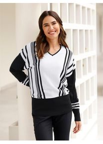 Classic Basics Damen V-Ausschnitt-Pullover "V-Pullover", schwarz-weiß, Gr. 44, gemustert, gestreift, mehrfarbig, 100% Polyacryl, Pullover