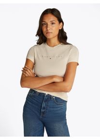 Tommy Jeans Damen T-Shirt "TJW SLIM TONAL LINEAR TEE EXT", beige, Basic, Gr. S, bedruckt, Single Jersey, Obermaterial: 100% Baumwolle, Shirts, mit