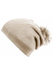 Damen Beanie, beige, modisch, Capelli New York, unifarben, Feinstrick, Materialmix, Mützen, mit Metall-Logo an der Krempe