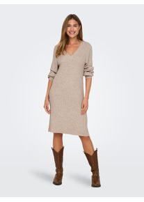 Only Damen Strickkleid "ONLKATIA LS V-NECK DRESS NCA KNT", beige, modisch, Gr. L, meliert, Strick, Feinstrick, Obermaterial: 50% Viskose, 27% Nylon,