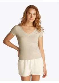 Tommy Jeans Damen T-Shirt "TJW SLIM V-NECK TEE", beige, Basic, Gr. XS, unifarben, Single Jersey, Obermaterial: 100% Baumwolle, Shirts, mit